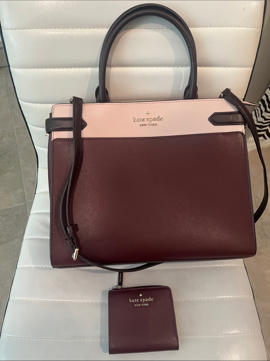 Kate Spade Two-Tone Burgundy And Light Pink Satchel With Matching Wallet